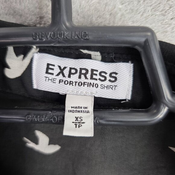 Womens Express Black Sheer Portofino Shirt White Bird Print Button Up Size XS - Picture 2 of 7